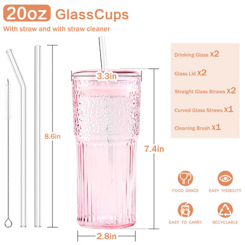 Vaso GOSCHE de vidrio con estrias rosas, ideal para batidos