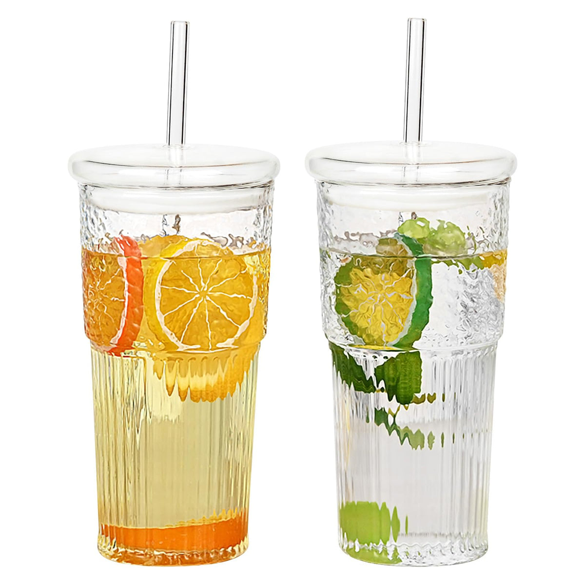 Vaso de cristal GOSCHE 20oz con tapa y pajilla, ideal para bebidas frías.