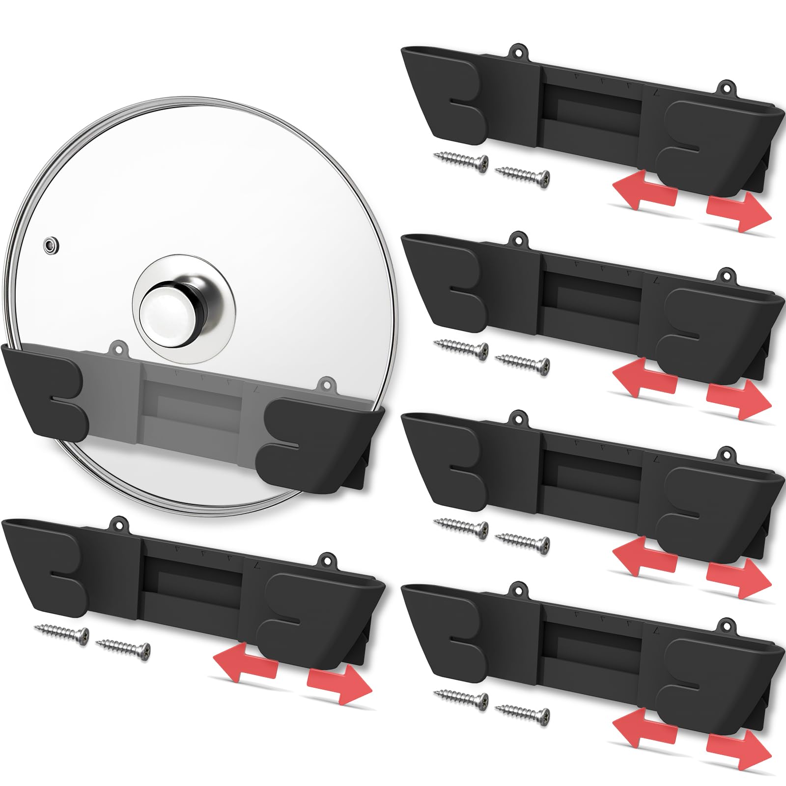Gosuny soporte tapas ajustable en alacena para organización rápida y accesible de tapas.