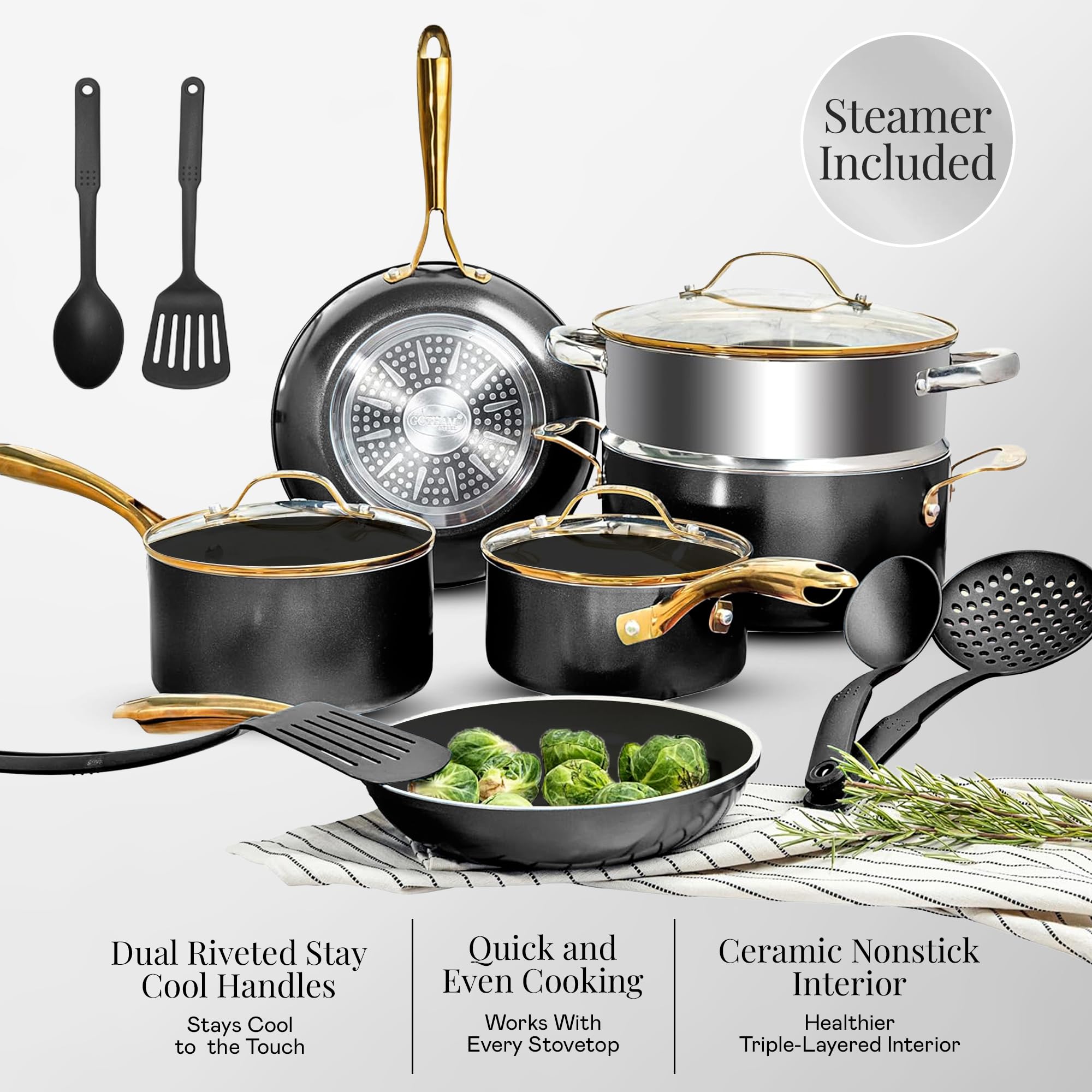 Cacerola Gotham Steel 1.5qt con tapa para hervir rápido.