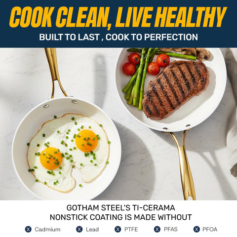 Gotham Steel Colección Oro: cazo 2,5qt con tapa para distribución de calor