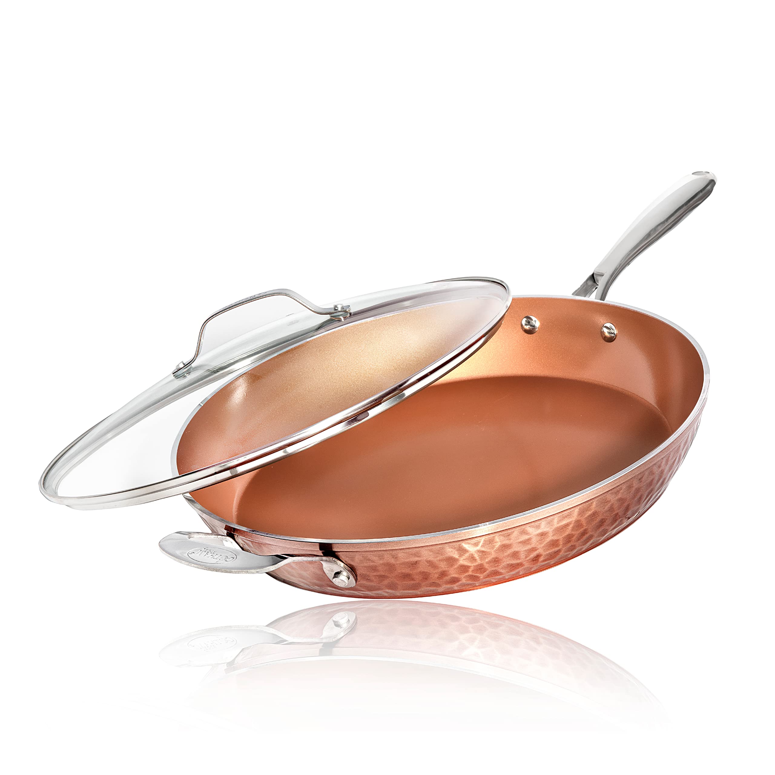 Sartén Gotham Steel Hammered Copper de 14 pulgadas con tapa para cocción uniforme.