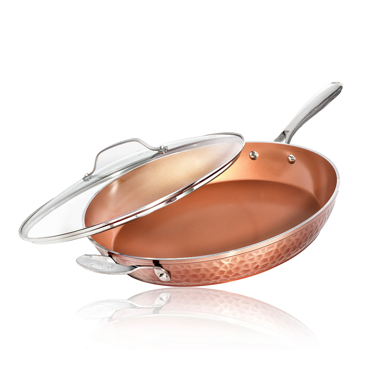 Sartén Gotham Steel Hammered Copper de 14 pulgadas con tapa para cocción uniforme.