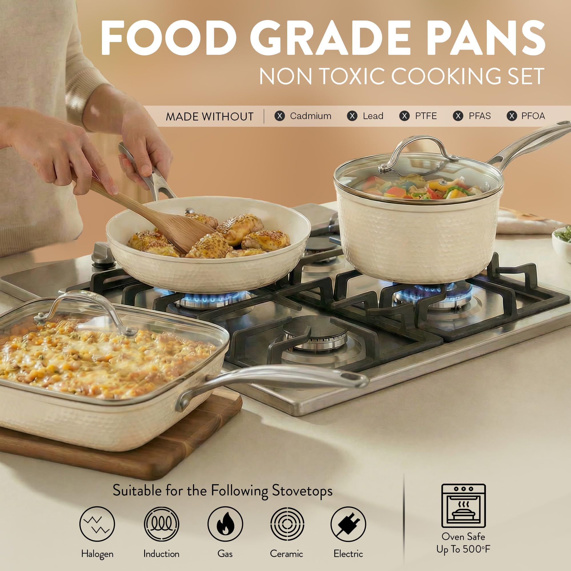 Gotham Steel Hammered crema: olla 1,5qt con tapa ideal para salsas y guisos.