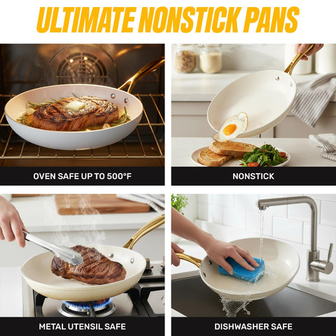 Gotham Steel tono crema moderno en cocina, estética elegante