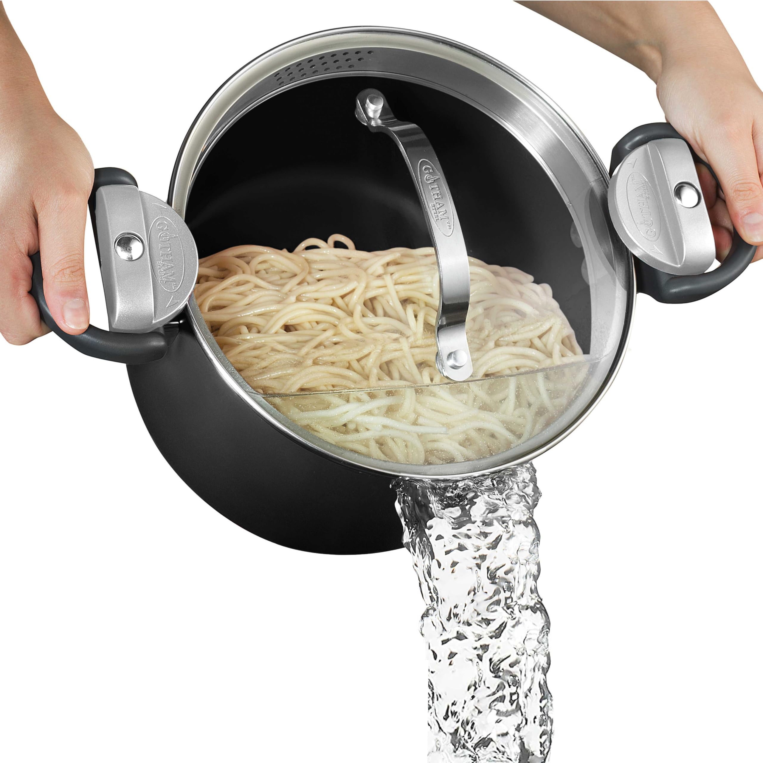 Olla Gotham Steel 5 qt con tapa filtrante integrada para escurrir pasta