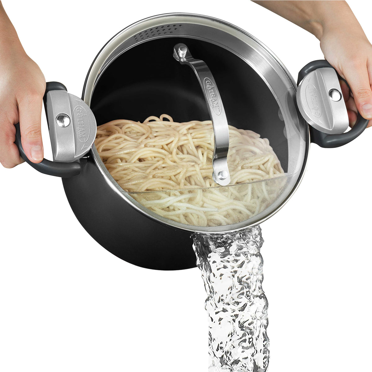 Olla Gotham Steel 5 qt con tapa filtrante integrada para escurrir pasta