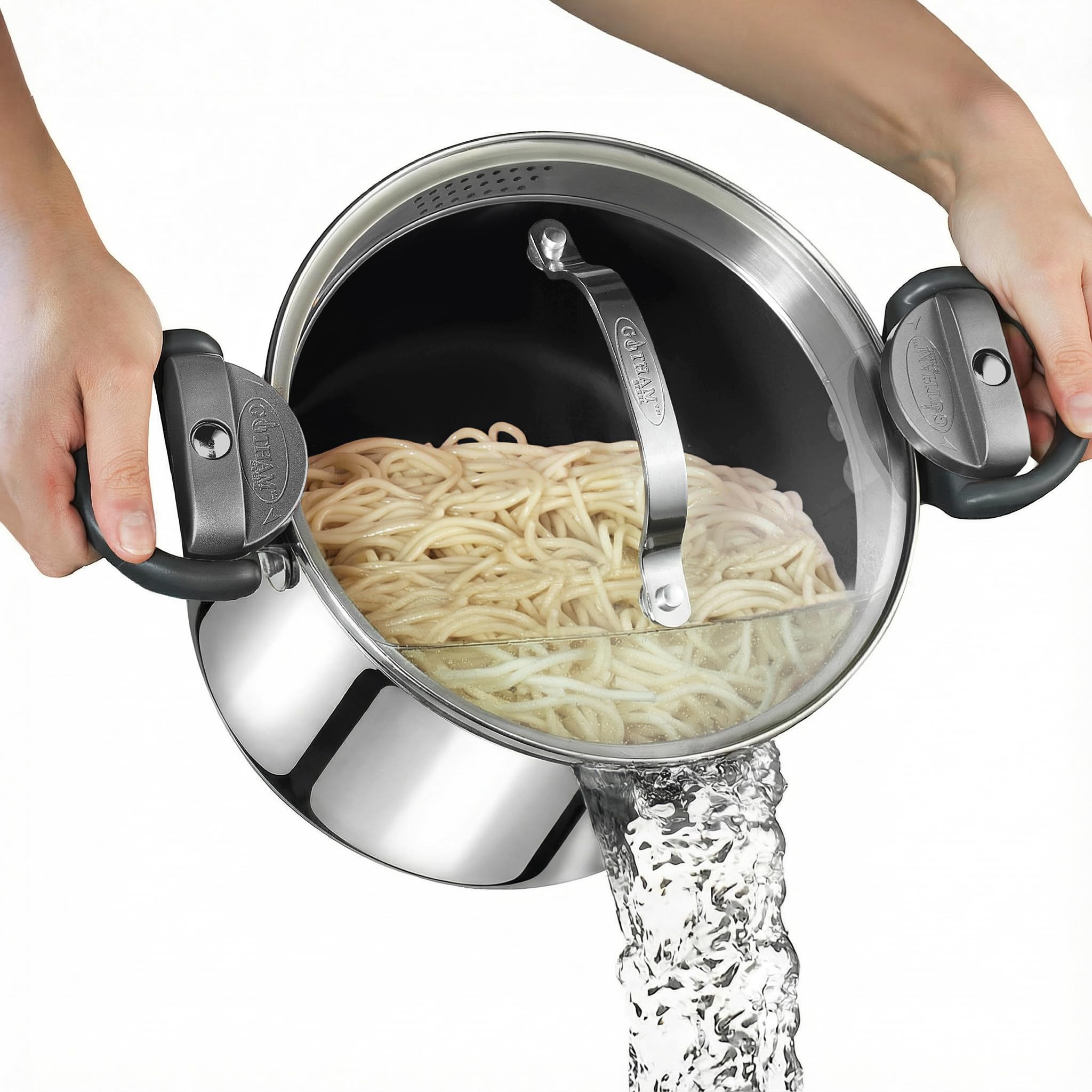 GOTHAM STEEL olla 8qt con tapa coladora integrada para escurrir pasta fácilmente