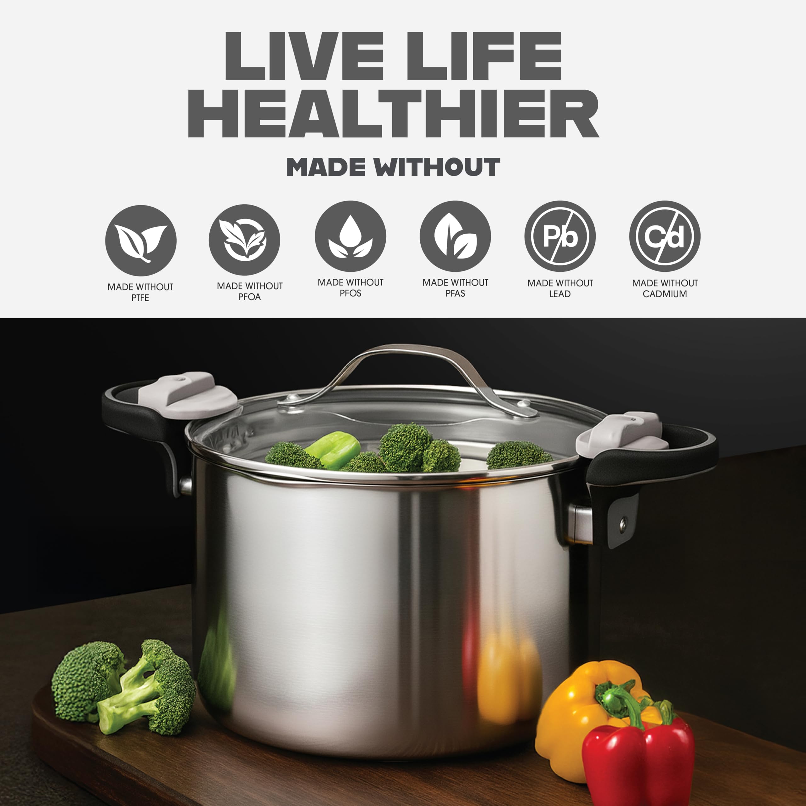 GOTHAM STEEL olla 8qt dos tamaños de colador para alimentos