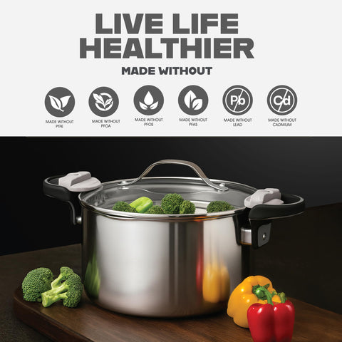 Olla Gotham Steel apta para inducción, ideal para cocción rápida en cocina moderna.