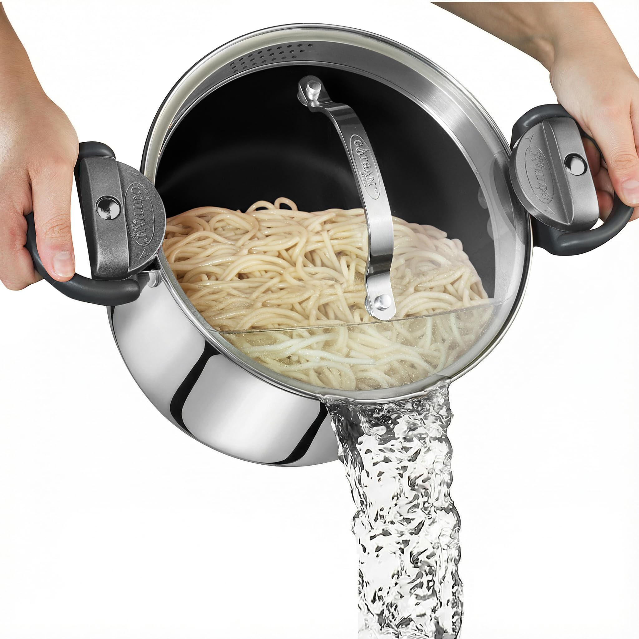 Olla Gotham Steel 5qt con tapa-colador para cocinar y escurrir pasta fácilmente.