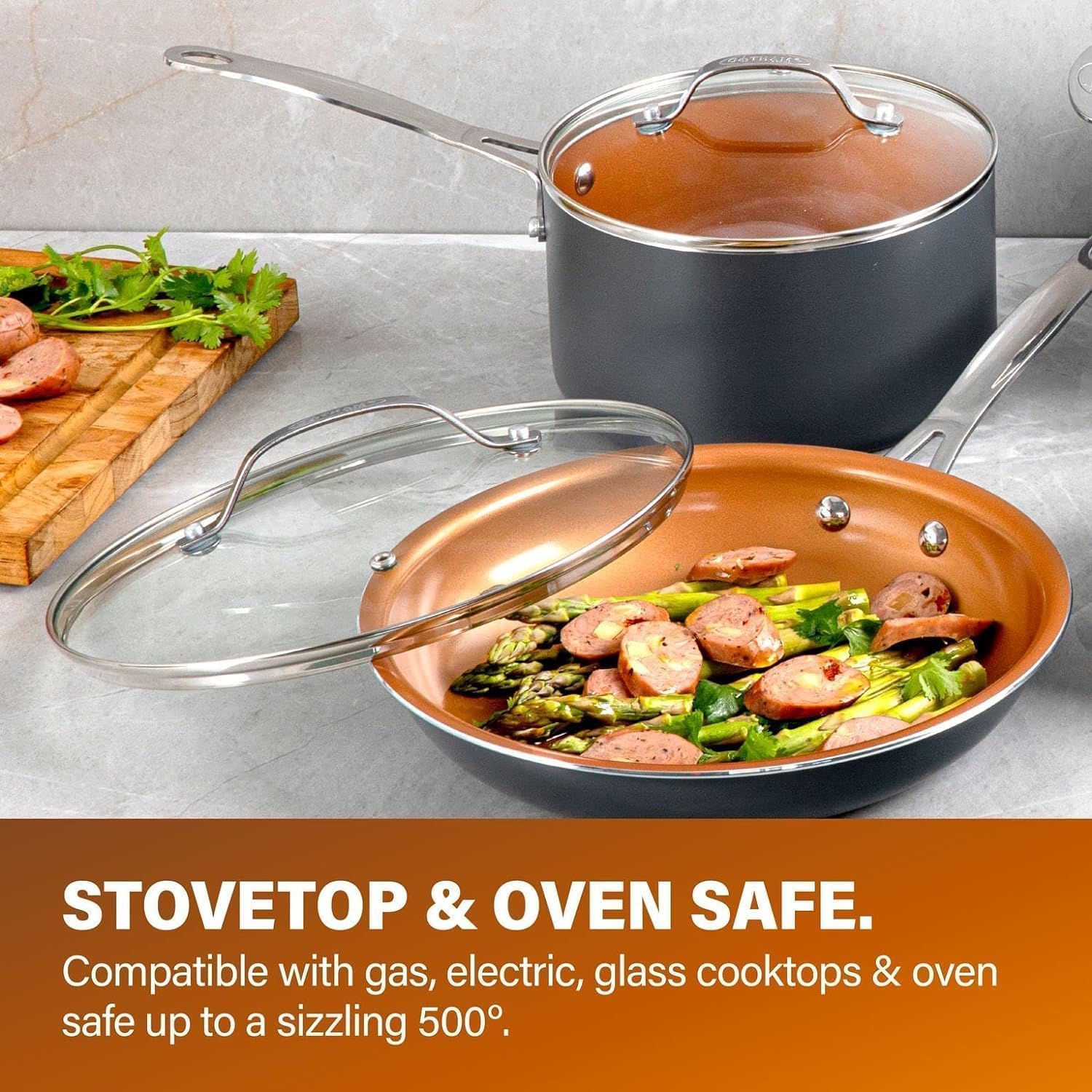 Tapa de vidrio Gotham Steel Pro para vigilar la cocción sin perder calor.
