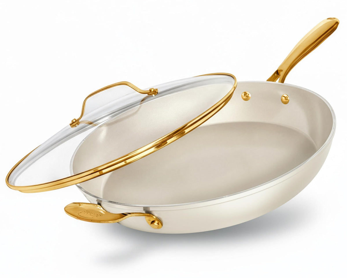 Sartén Gotham Steel de 14 pulgadas con tapa para porciones familiares.