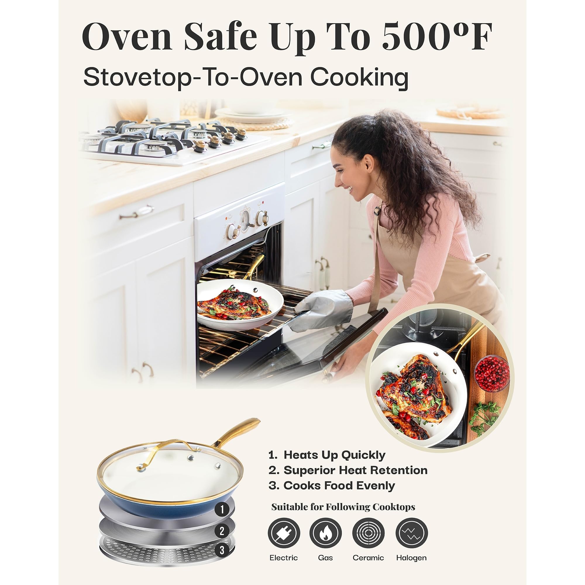 Horno seguro hasta 500°F para transición suave de la estufa a la mesa.