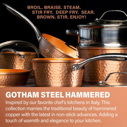 Sartén martillada de Gotham Steel 12 pulgadas, distribución de calor uniforme.