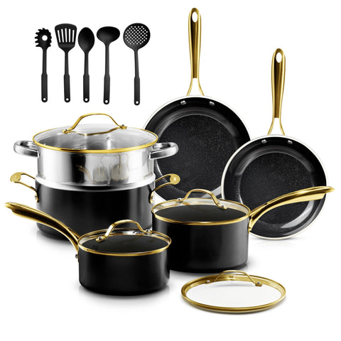 Conjunto Gotham Steel 15 piezas en crema con ollas y sartenes cerámicas antiadherentes para cocinar.