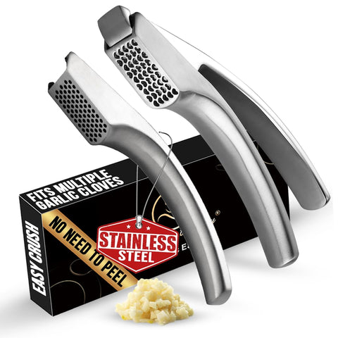 Prensa Gourmet Easy para ajo sin pelar, primer plano, ahorro de tiempo en la cocina.