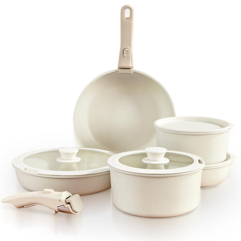 Gourmetific set 11 piezas crema: conjunto versátil con recubrimiento cerámico antiadherente.