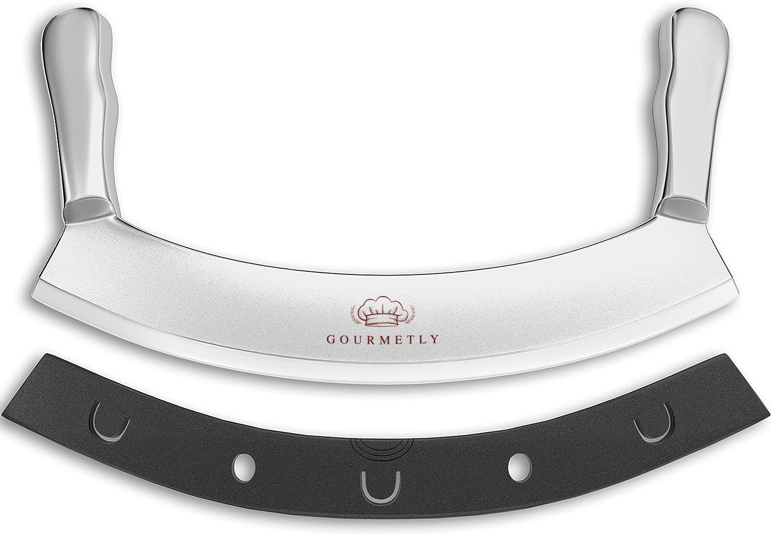 Gourmetly Mezzaluna de acero inoxidable con funda para cortes limpios
