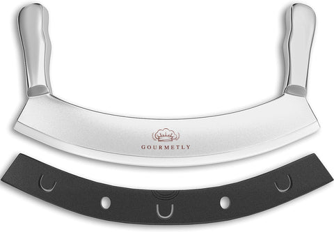 Gourmetly Mezzaluna de acero inoxidable con funda para cortes limpios