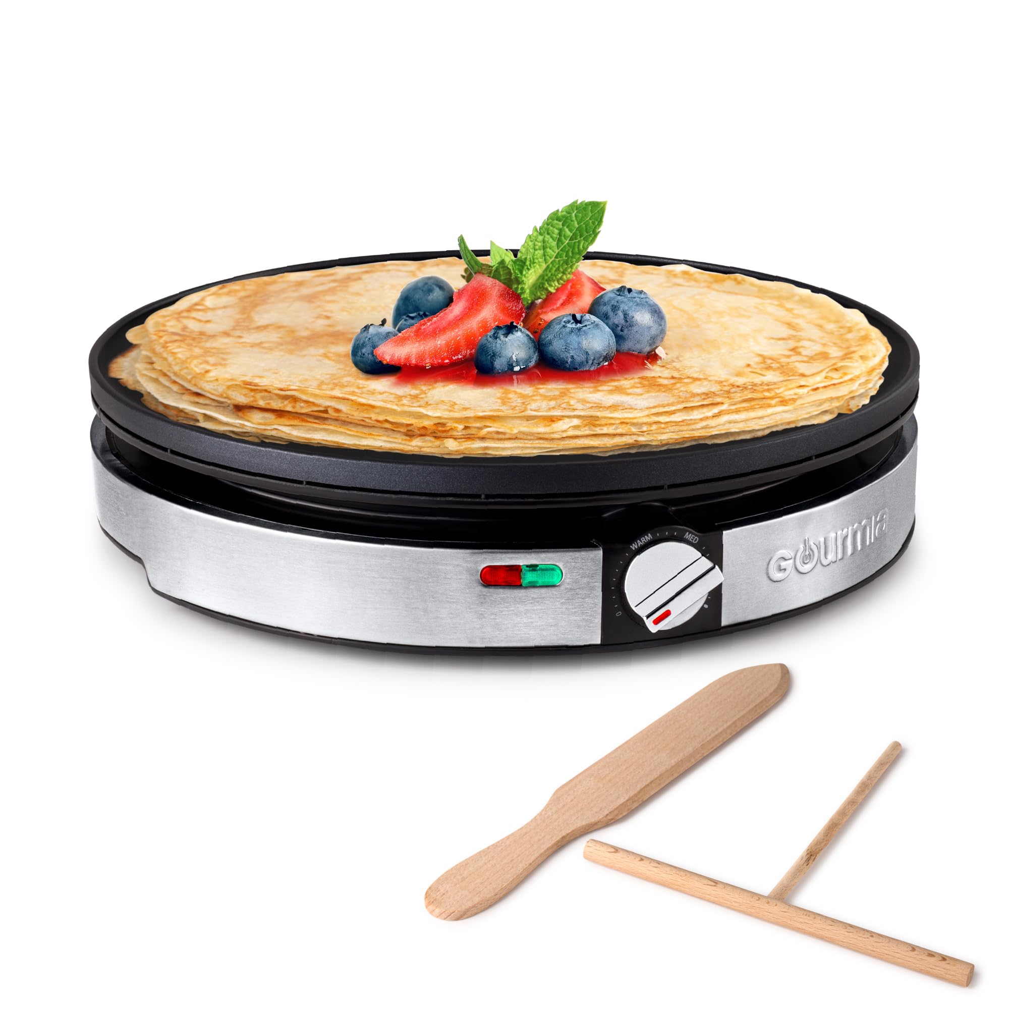 Gourmia Crepe Maker con base de acero inoxidable para resultados profesionales en casa.
