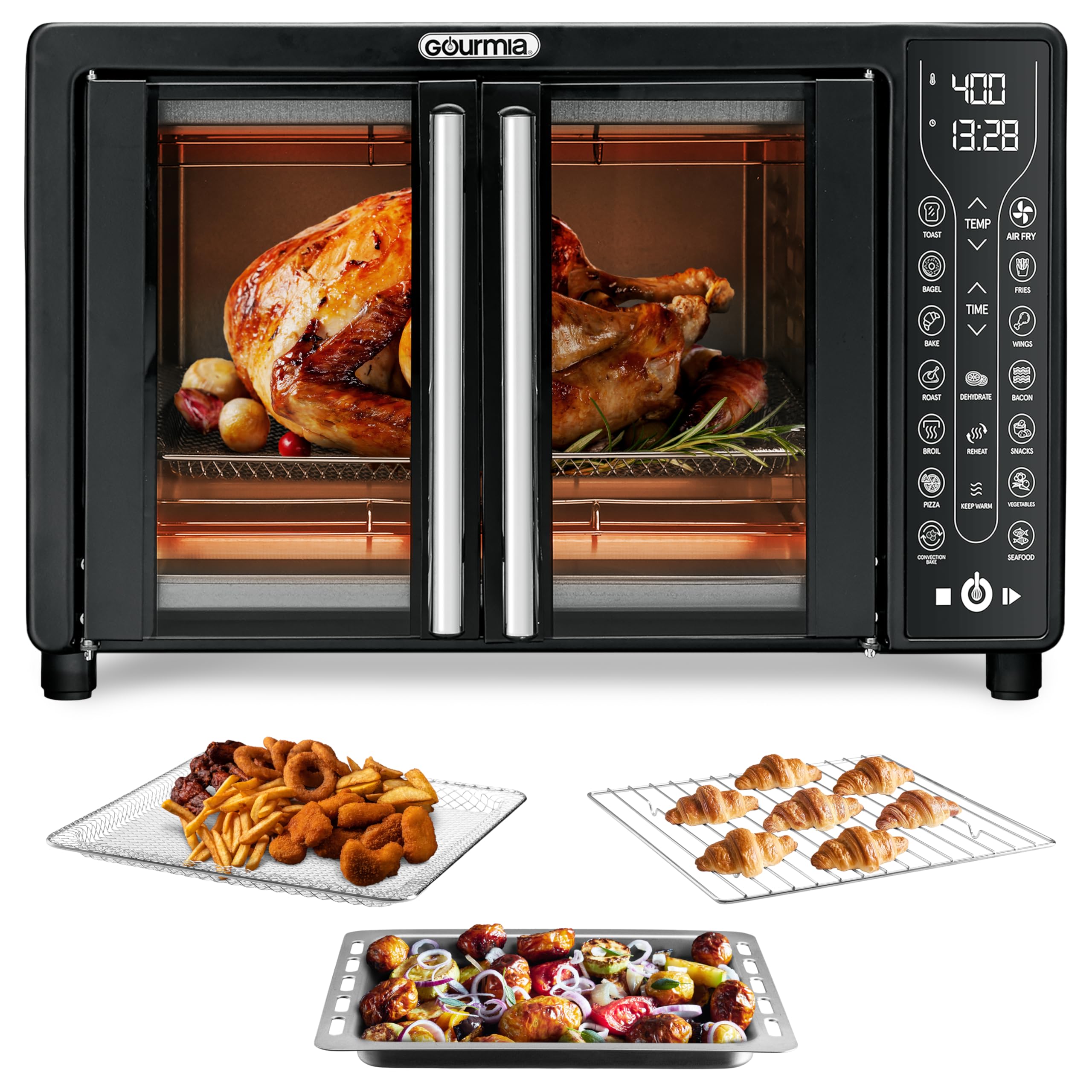 Gourmia frontal de horno freidora de aire con puerta francesa, ideal para familias.