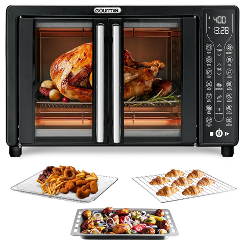 Gourmia frontal de horno freidora de aire con puerta francesa, ideal para familias.