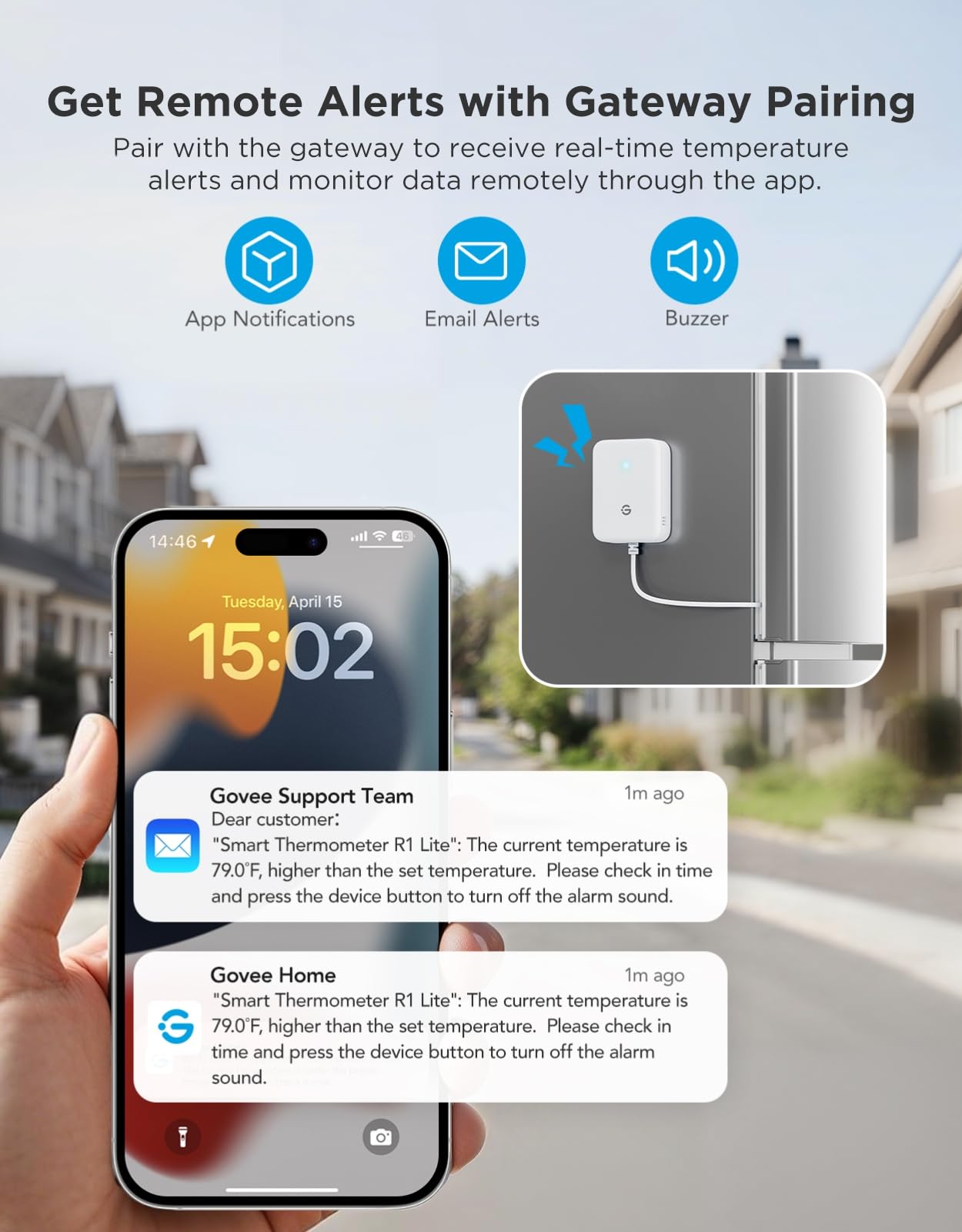 GoveeLife alarma de 80 dB para respuestas rápidas ante cambios de temperatura.