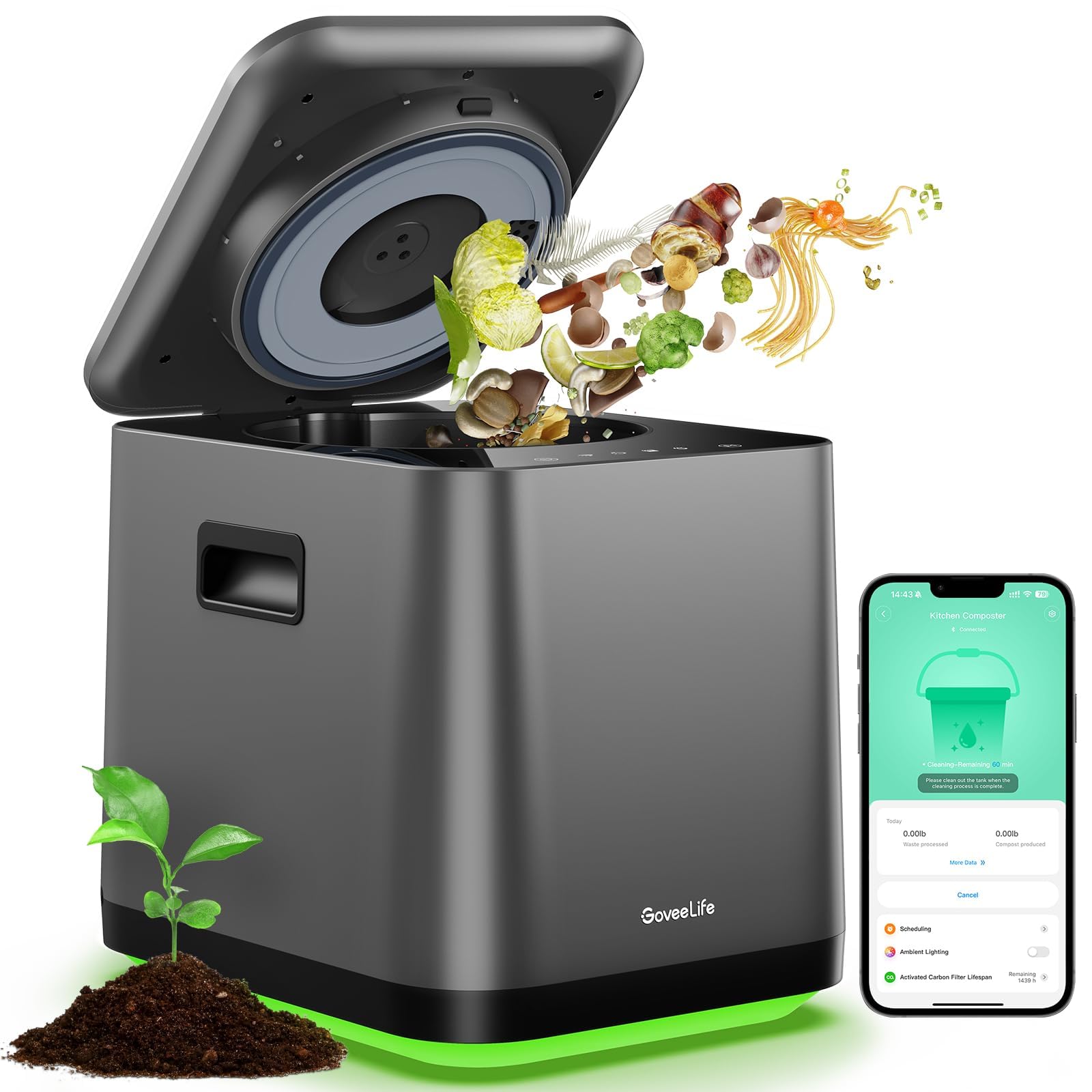GoveeLife Composter 3L, vista frontal, facilita compostar y reducir residuos.