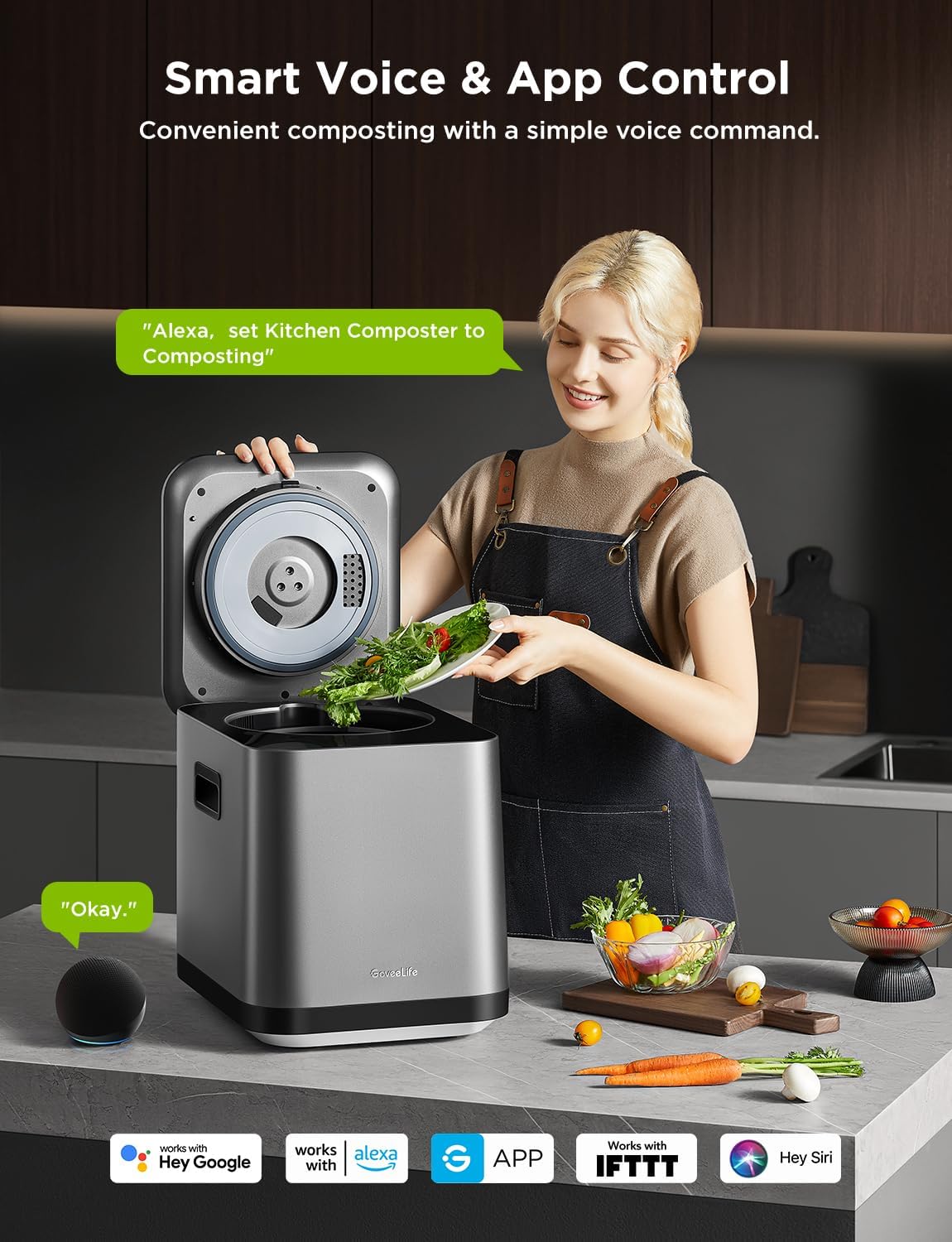 GoveeLife Composter interior, muestra el proceso para convertir comida en abono natural.