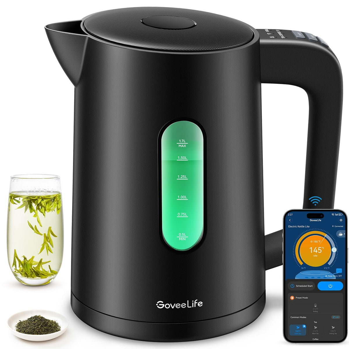 GoveeLife hervidor inteligente 1.7L con indicador LED visible para uso rápido.