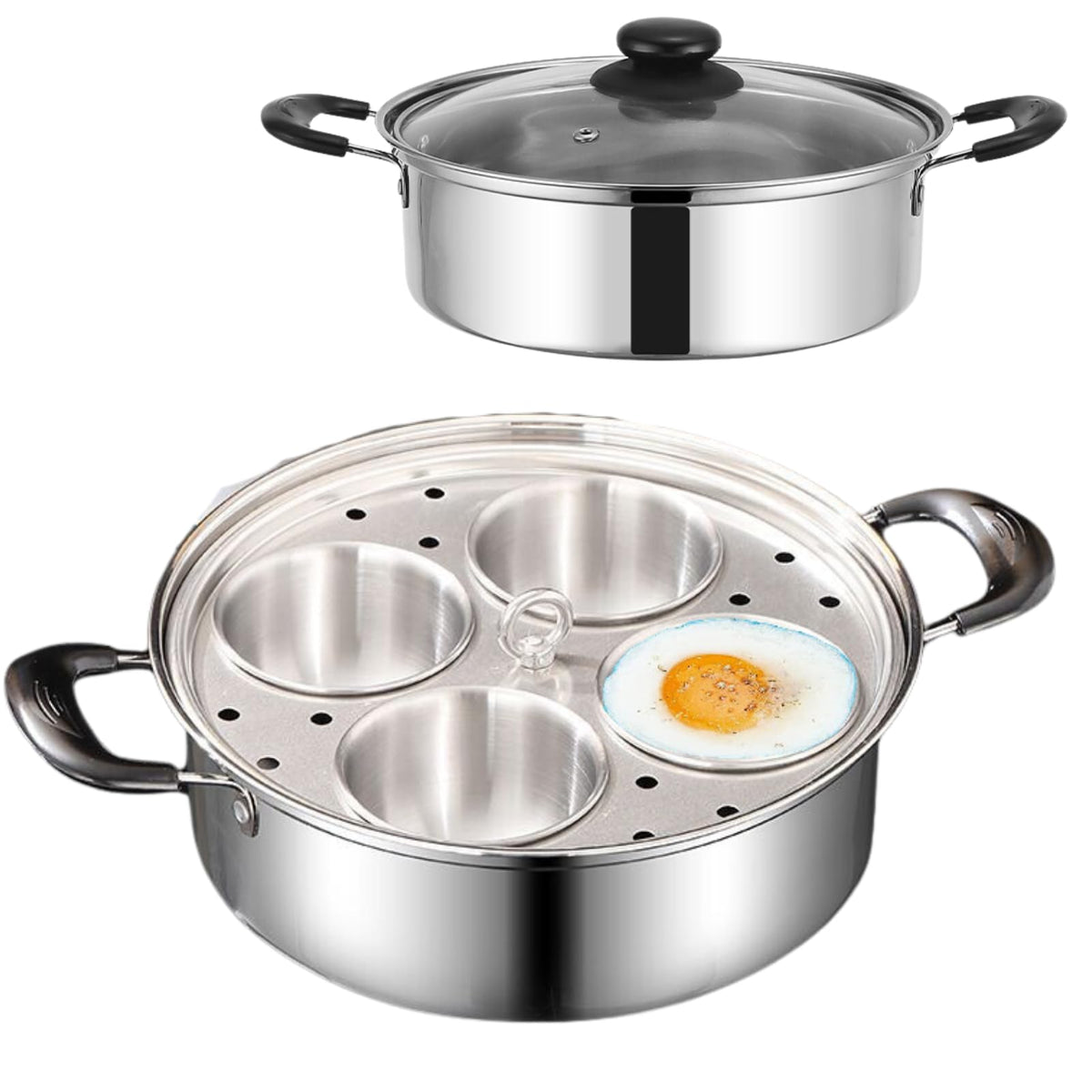 Sartén GOVNPJ para pochar huevos, vista general con tapa de cristal y vigilancia del cocinado