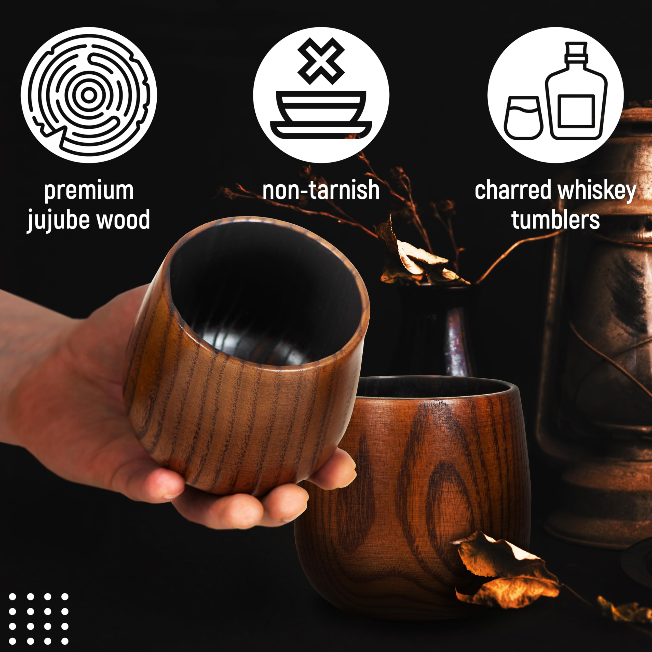 Set de dos vasos Granatan, madera carbonizada, diseño estable para servir.