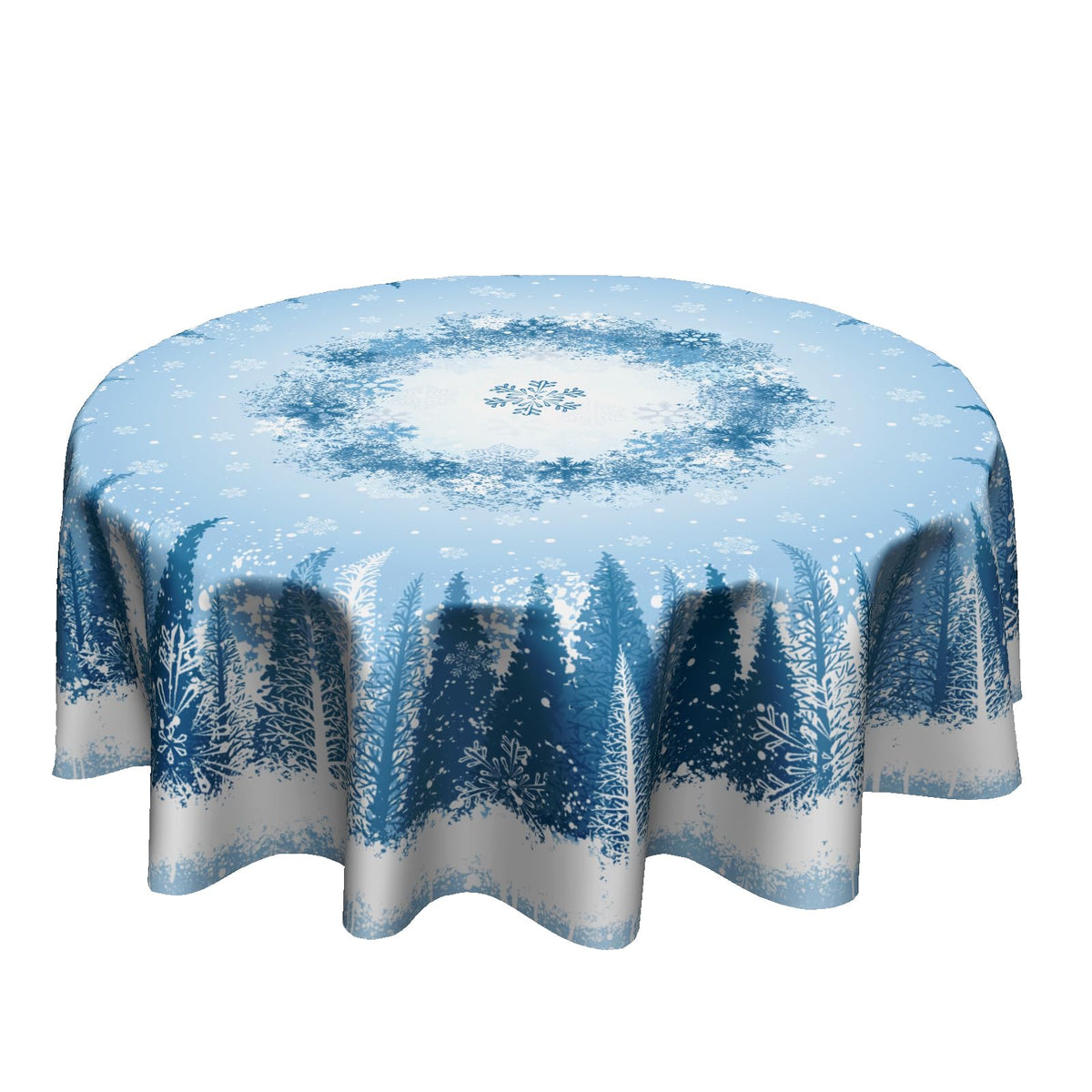 Granbey mantel redondo nevado azul, ideal para cenas navideñas elegantes