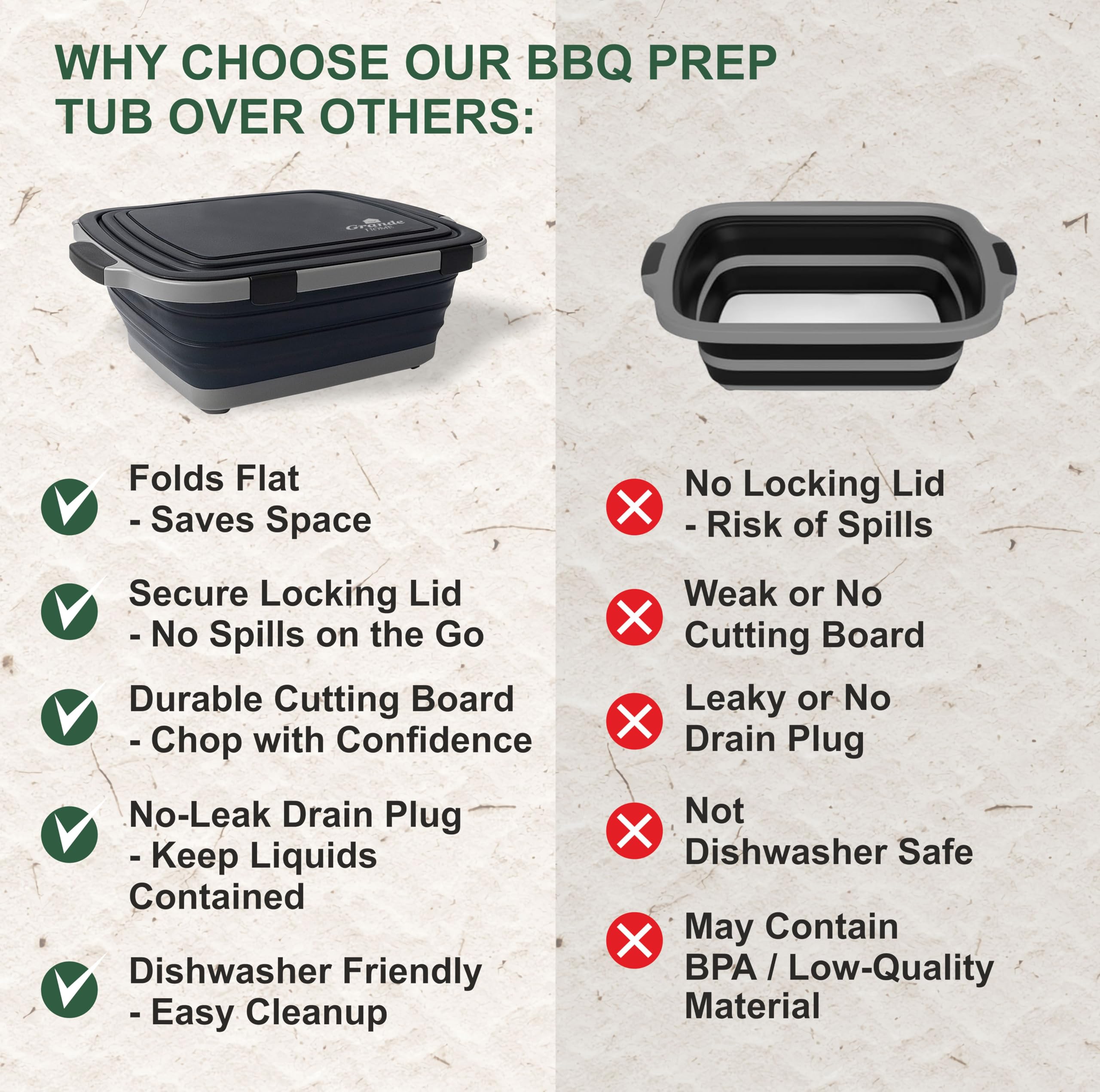 Grande Home BBQ Prep Tub fácil de limpiar y almacenar