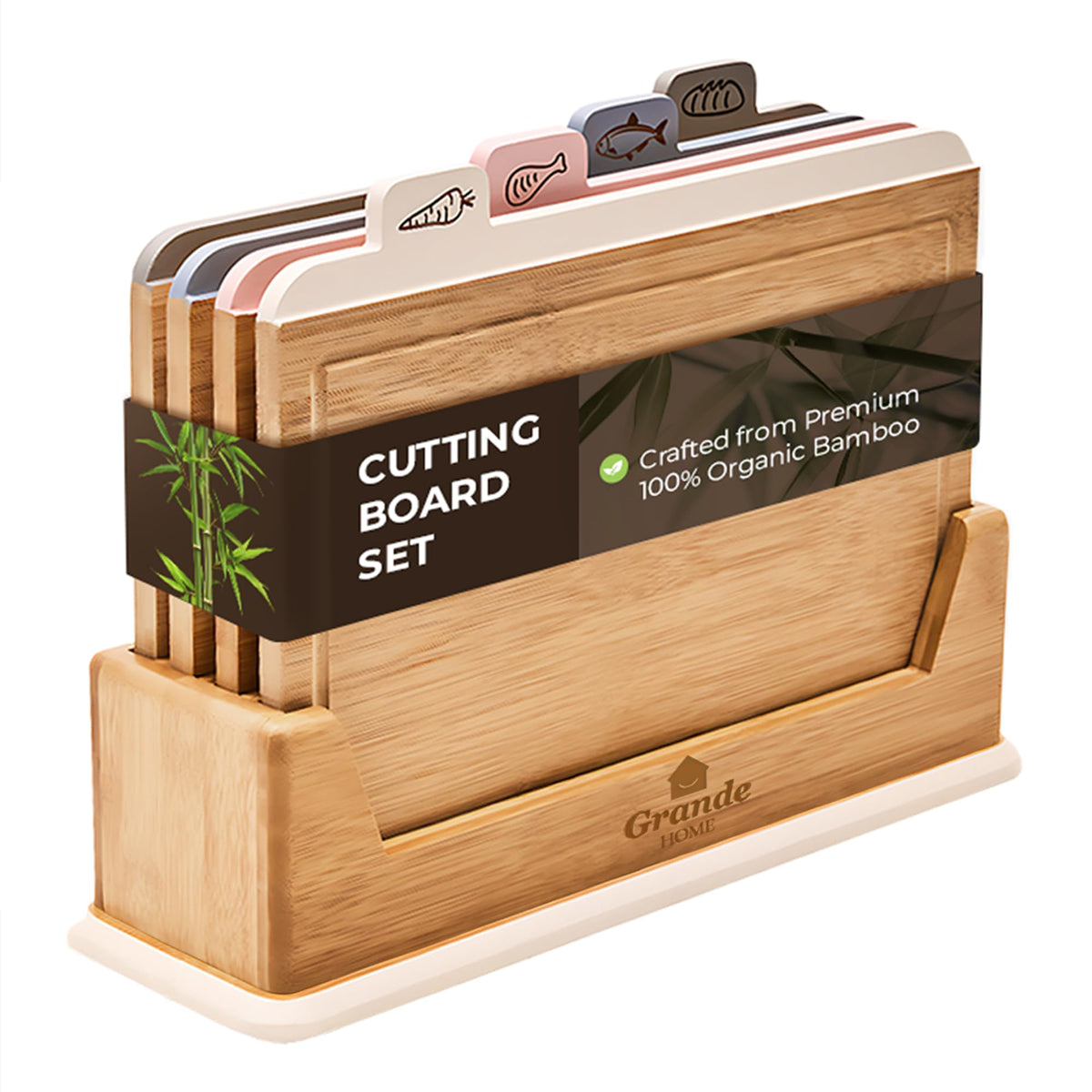 Grande Home: tablas de corte de bambú natural con soporte para organización en la cocina.