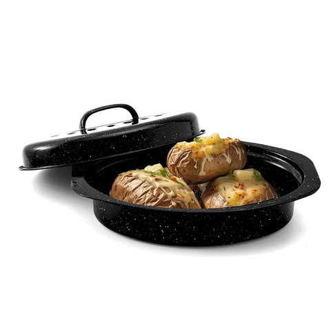 Granite Bowl: asador oval esmaltado de 13 pulgadas con tapa para horno, ideal para asados.