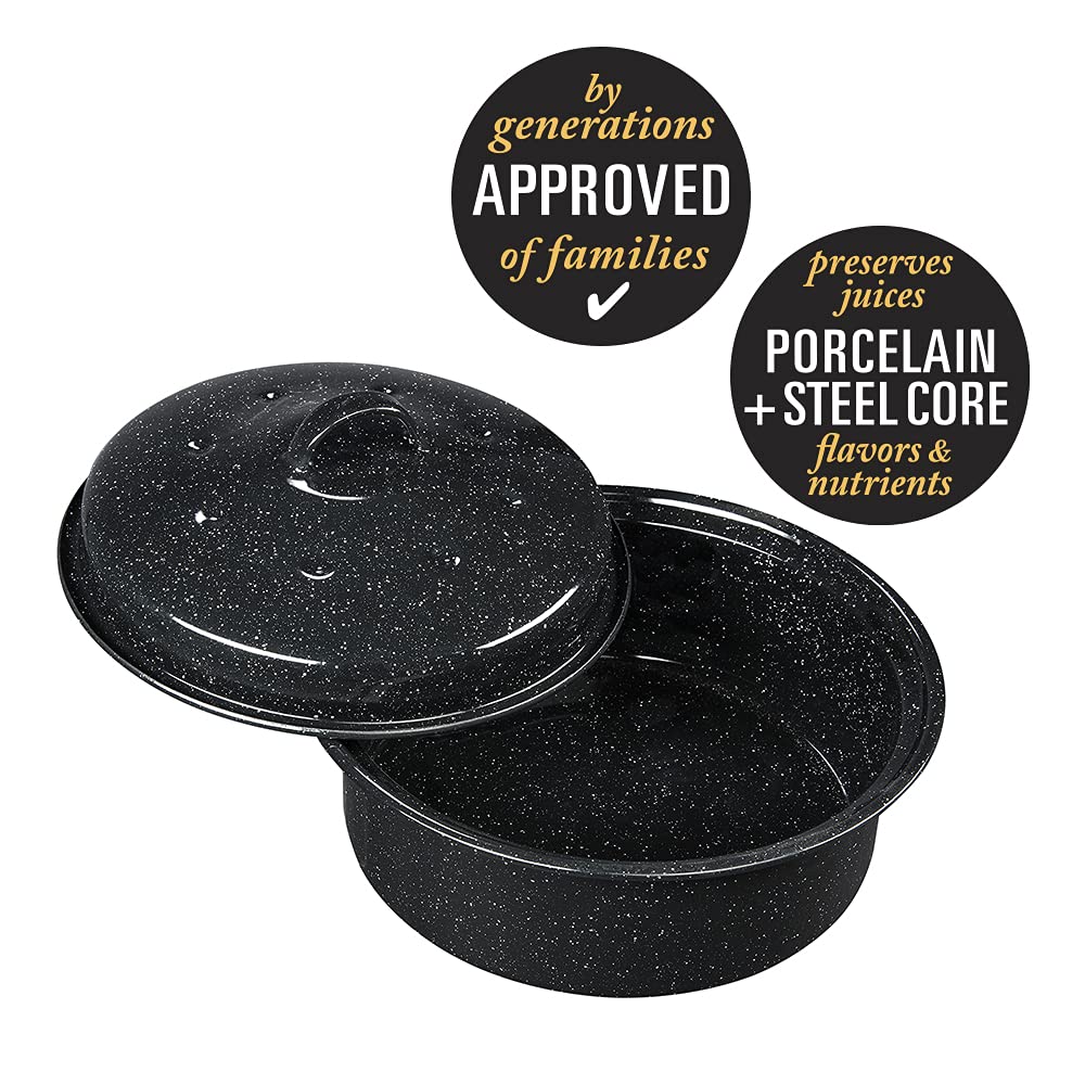 Granite Ware superficie esmaltada negro moteado ideal para dorar aves y verduras.