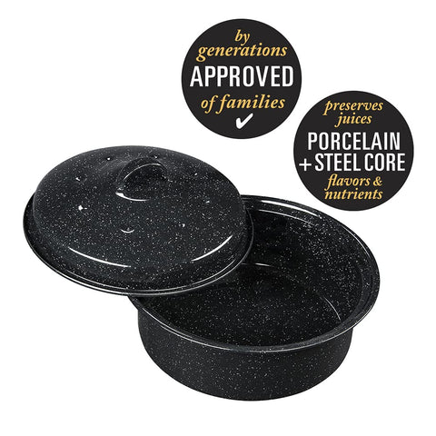 Granite Ware superficie esmaltada negro moteado ideal para dorar aves y verduras.