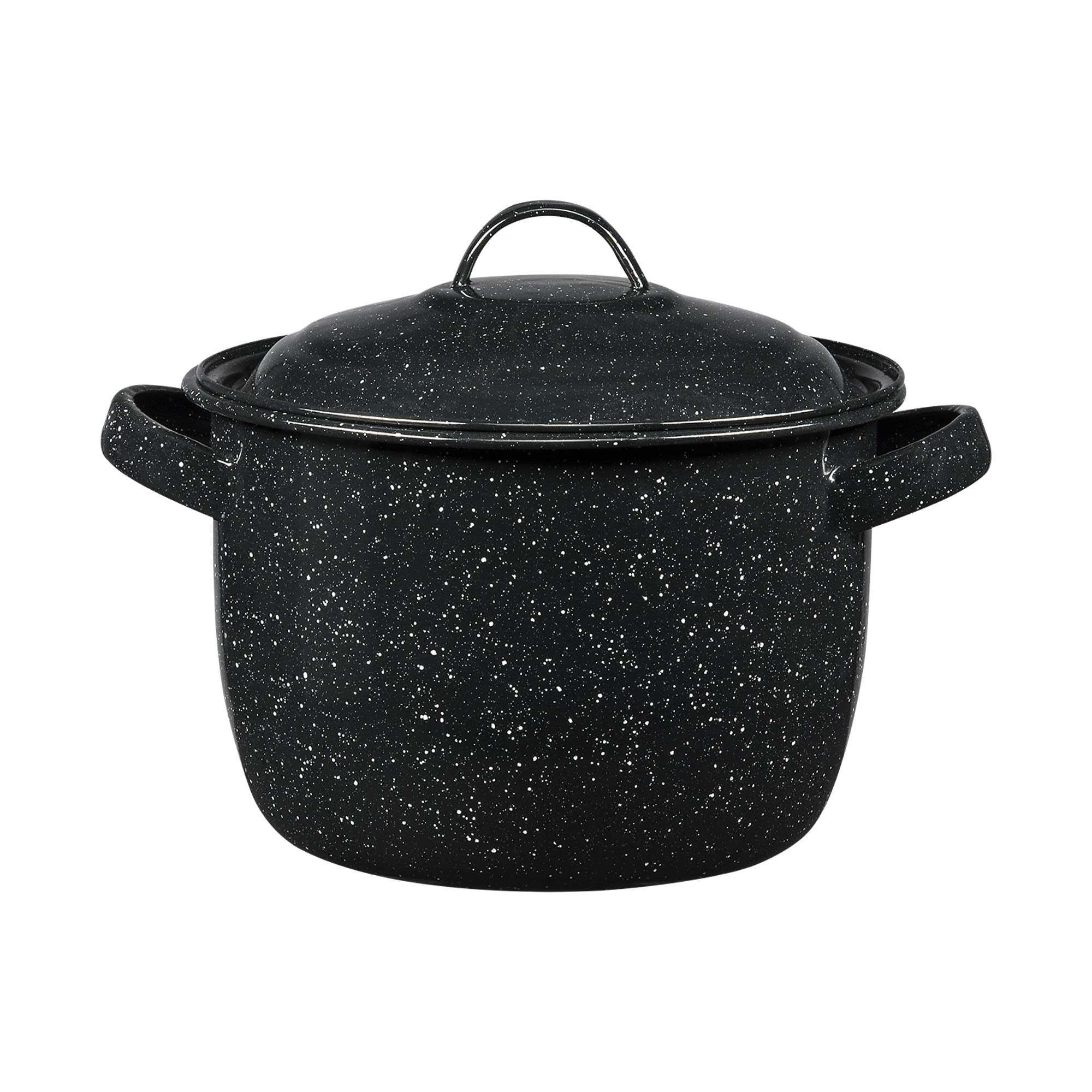 Olla Granite Ware 4 cuartos con esmalte negro moteado, ideal para guisos y frijoles.