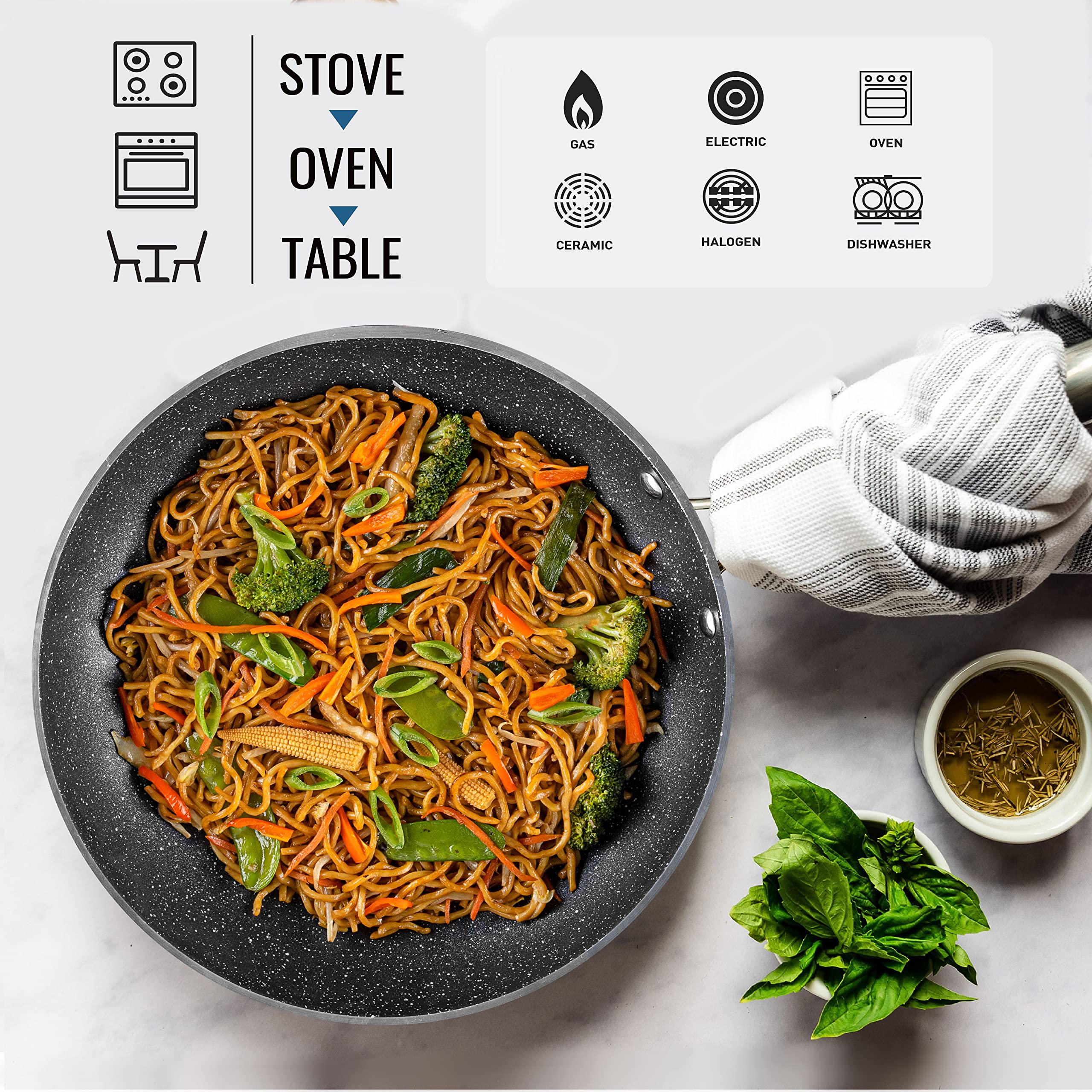Granitestone apto para horno hasta 500°F, versatilidad para terminar cocción en horno.