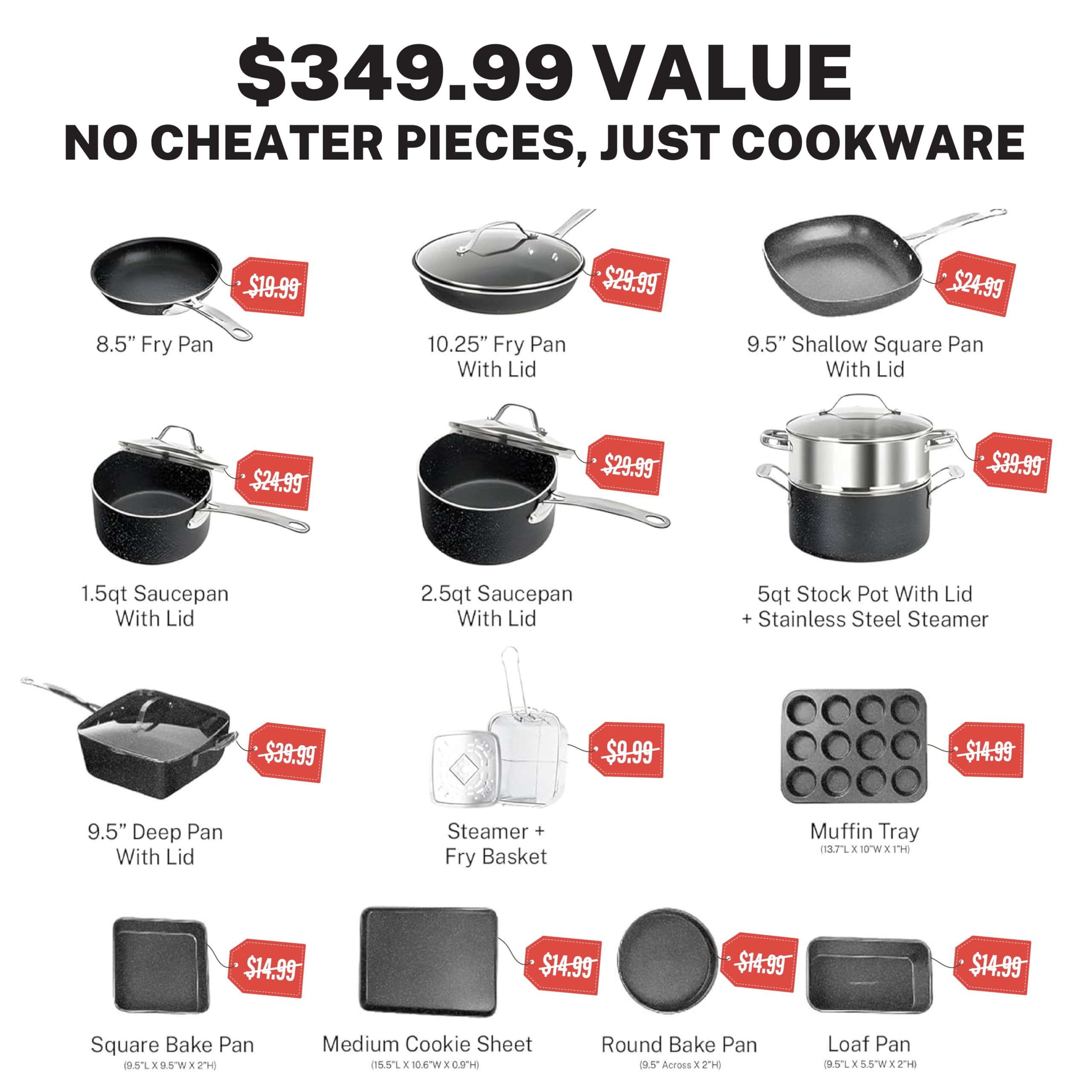 Granitestone True 20pc set, base espiral para calor uniforme en toda la olla.