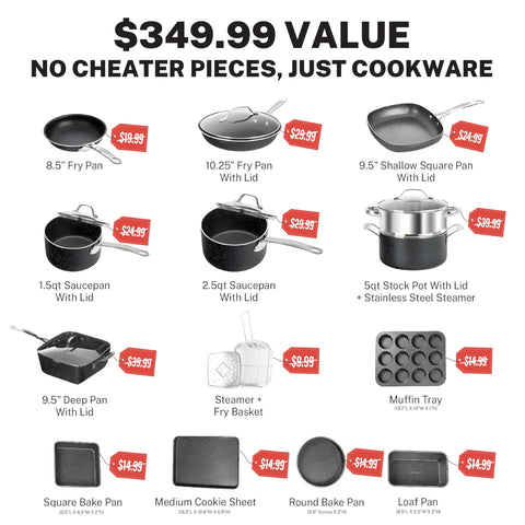 Granitestone True 20pc set, base espiral para calor uniforme en toda la olla.