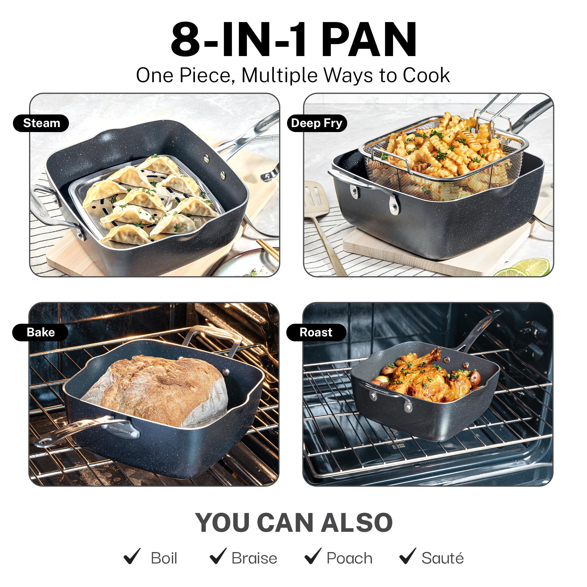 Granitestone True 20pc set, durabilidad probada para uso diario con utensilios metálicos.