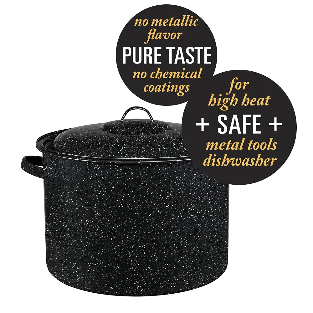 Granite Ware interior porcelanizado fusionado con acero; superficie no porosa para cocinar sin pegar.
