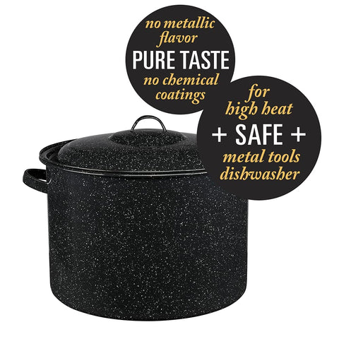 Granite Ware interior porcelanizado fusionado con acero; superficie no porosa para cocinar sin pegar.