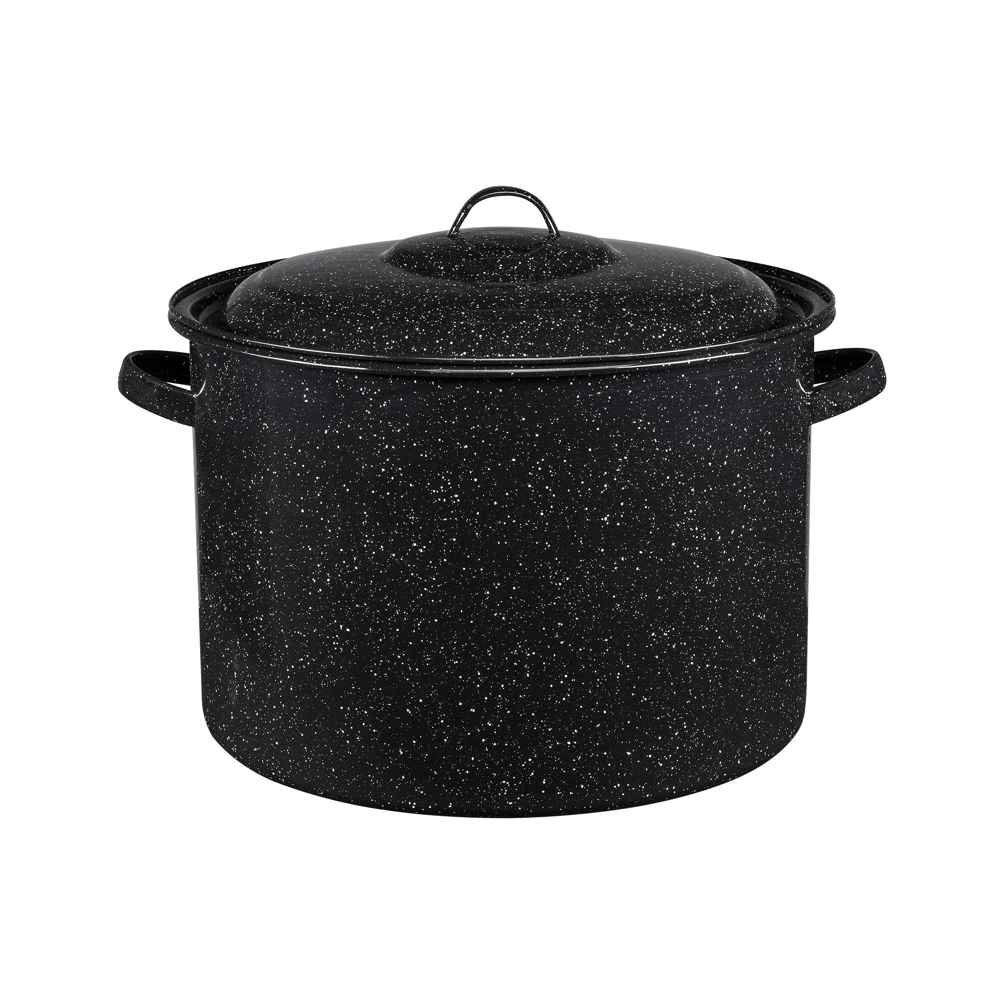 Olla Granite Ware de 21 cuartos con acabado moteado negro, ideal para porciones grandes.
