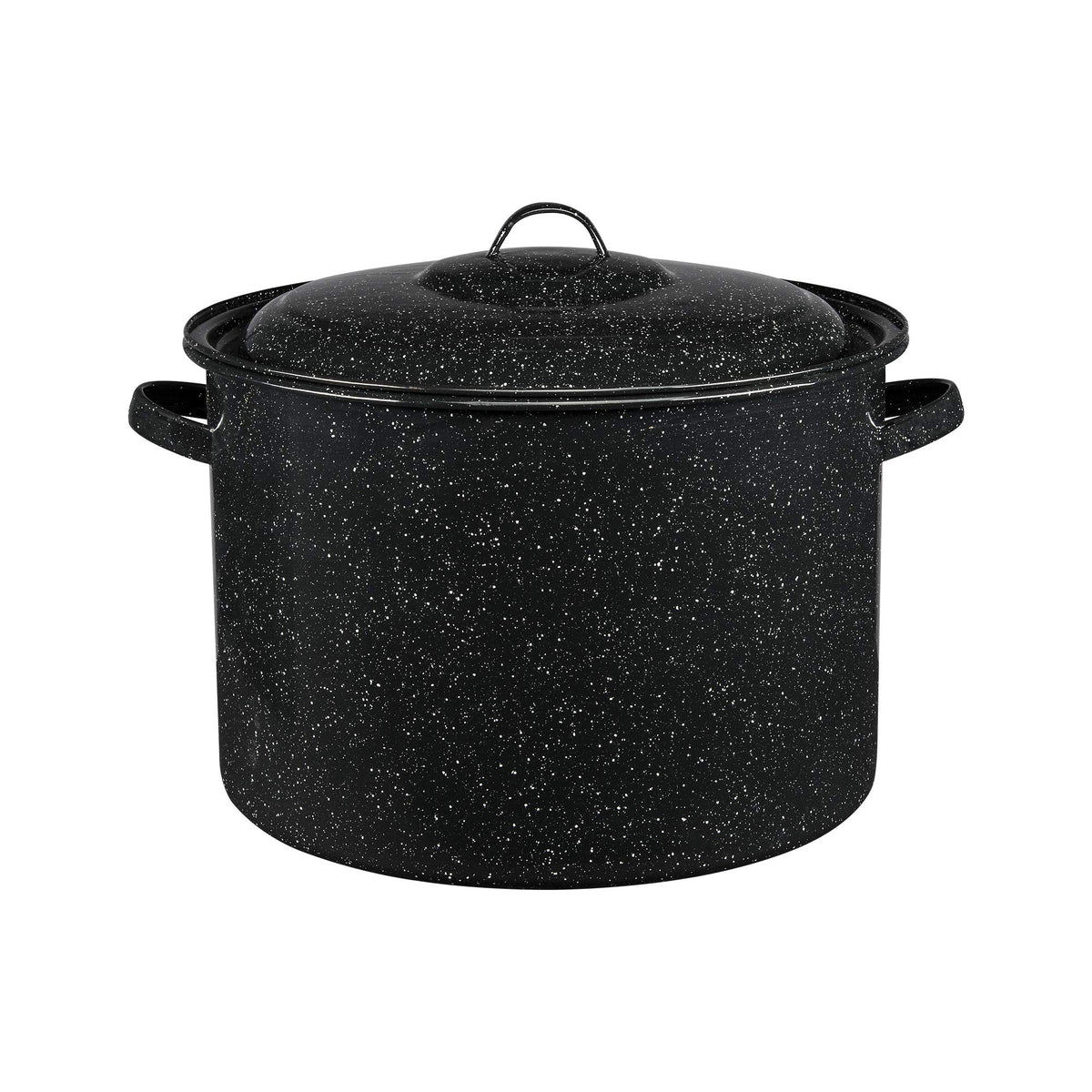 Olla Granite Ware de 21 cuartos con acabado moteado negro, ideal para porciones grandes.
