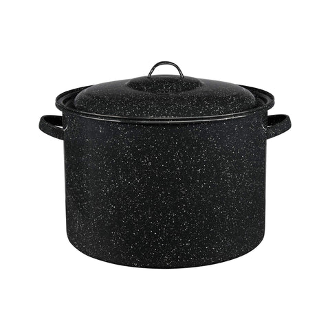 Olla Granite Ware de 21 cuartos con acabado moteado negro, ideal para porciones grandes.