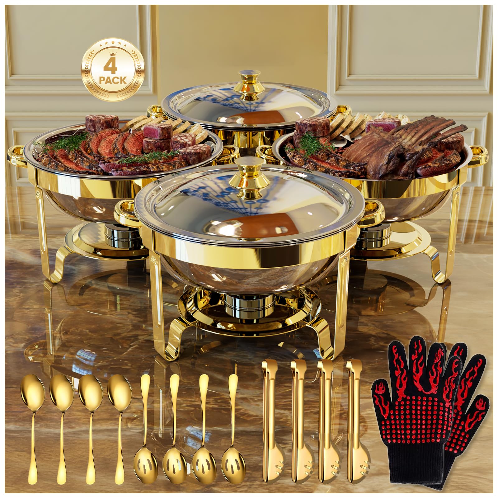 Granvell fuentes calientes redondas doradas: conjunto completo para buffet, listo para servir